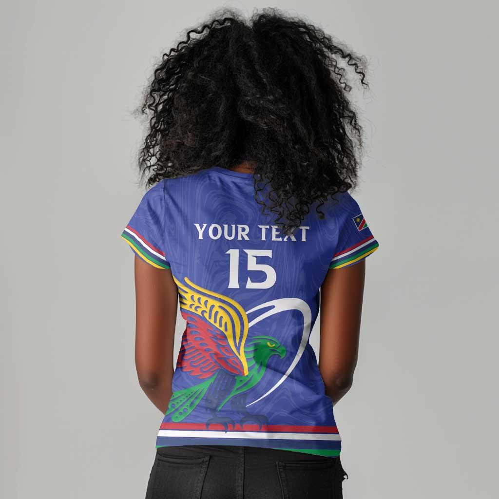 Namibia Rugby Custom Women V-Neck T-Shirt African Fish Eagle - Flag Colors