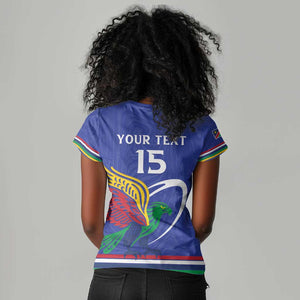 Namibia Rugby Custom Women V-Neck T-Shirt African Fish Eagle - Flag Colors