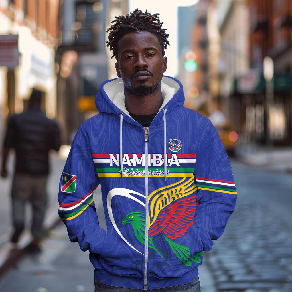Namibia Rugby Custom Zip Hoodie African Fish Eagle - Flag Colors