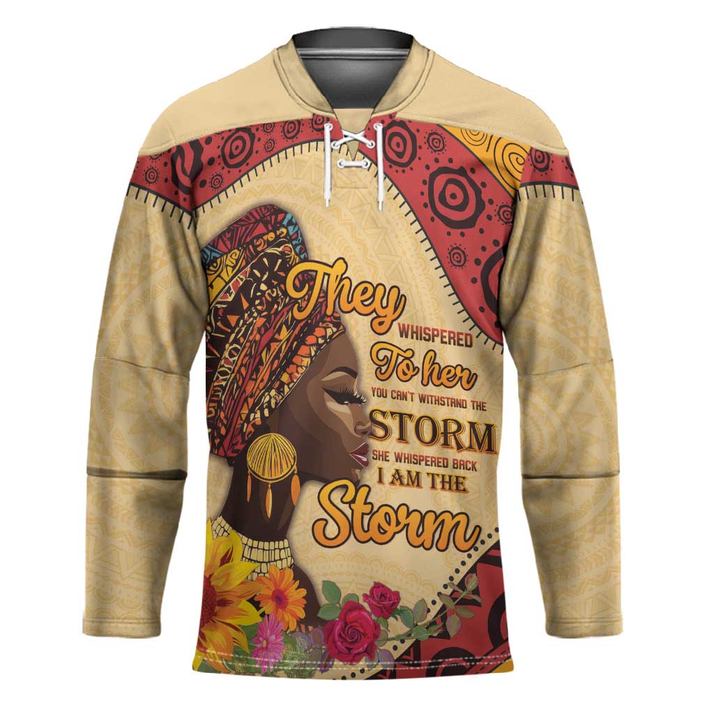 Black History Month Hockey Jersey African Woman Afro I Am The Storm