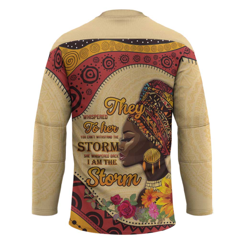 Black History Month Hockey Jersey African Woman Afro I Am The Storm