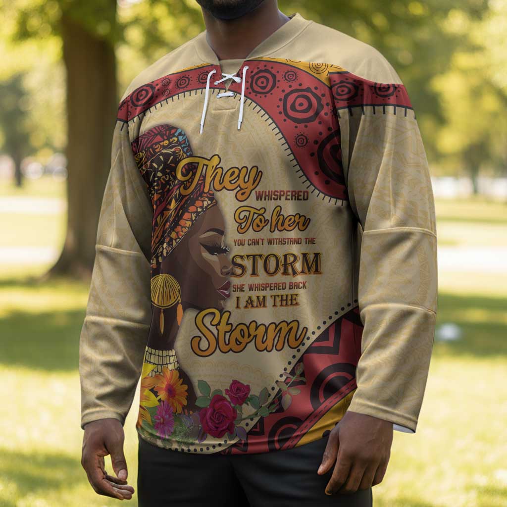 Black History Month Hockey Jersey African Woman Afro I Am The Storm