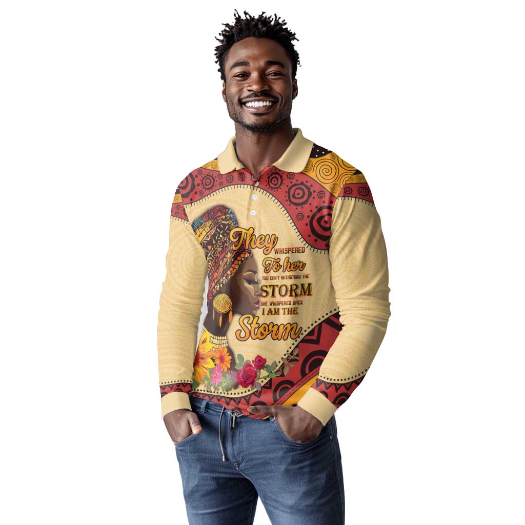African Woman Long Sleeve Polo Shirt I Am The Storm - African Pride