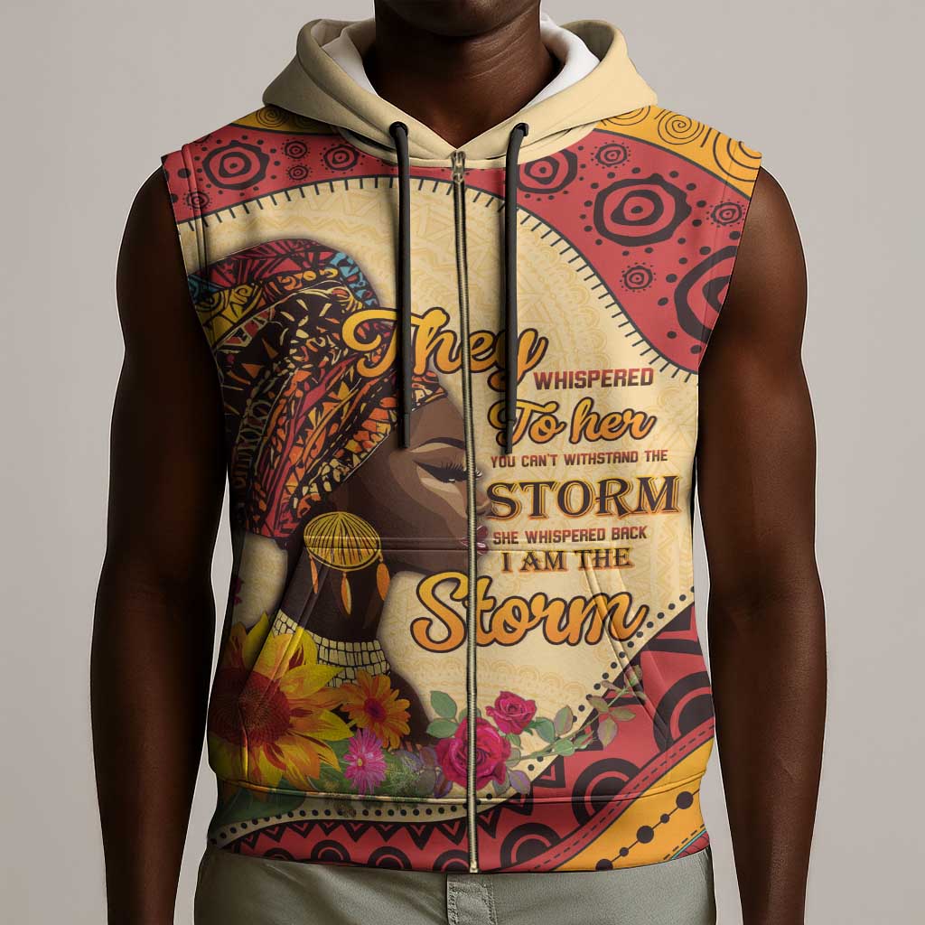 African Woman Sleeveless Zip Hoodie I Am The Storm - African Pride