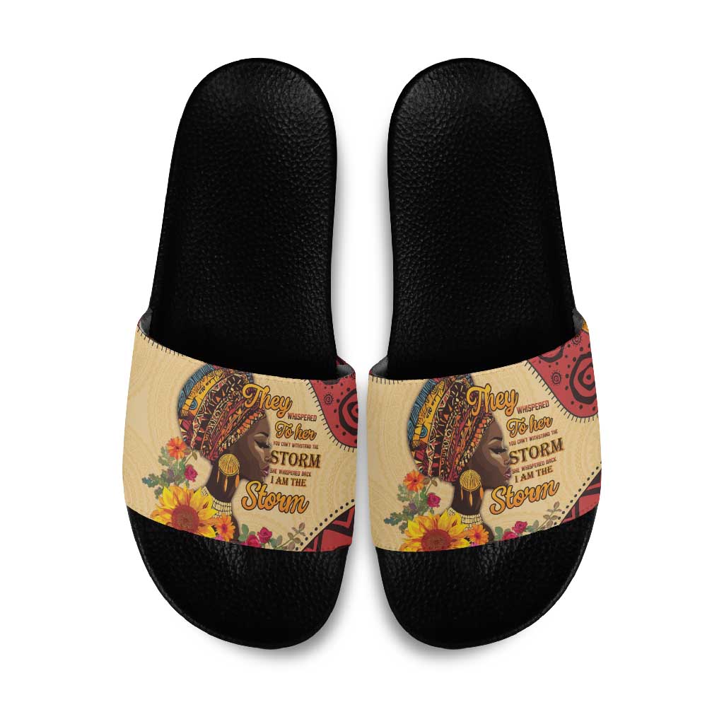 Black History Month Slide Sandals African Woman Afro I Am The Storm