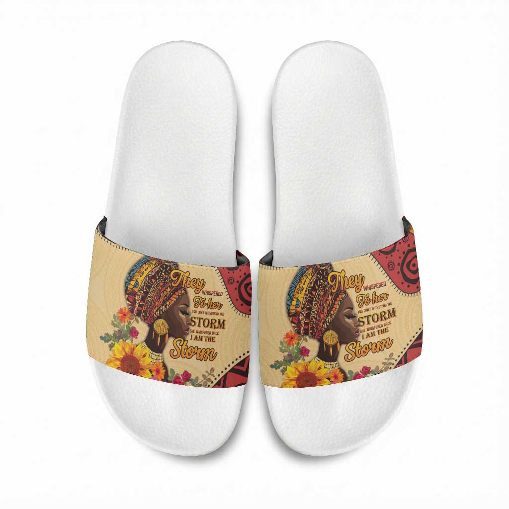 Black History Month Slide Sandals African Woman Afro I Am The Storm