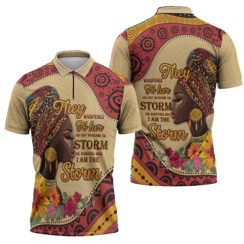 Black History Month Zipper Polo Shirt African Woman Afro I Am The Storm