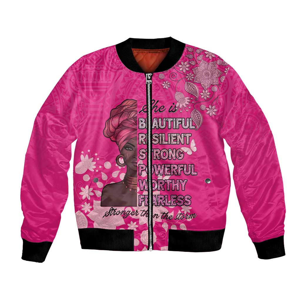 African Women Black Beautiful Brave and Bressed - Pink Color Bomber Jacket - African Pride
