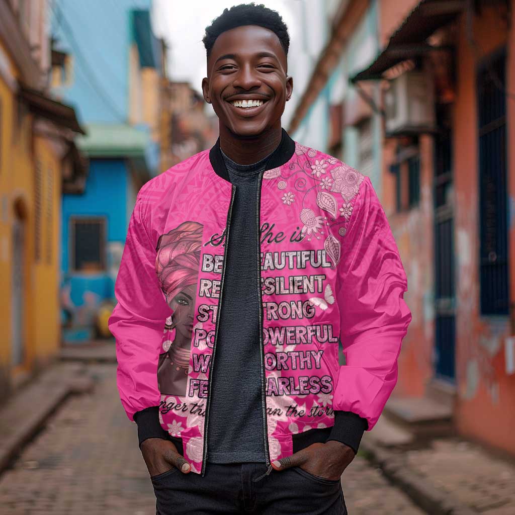 African Women Black Beautiful Brave and Bressed - Pink Color Bomber Jacket - African Pride