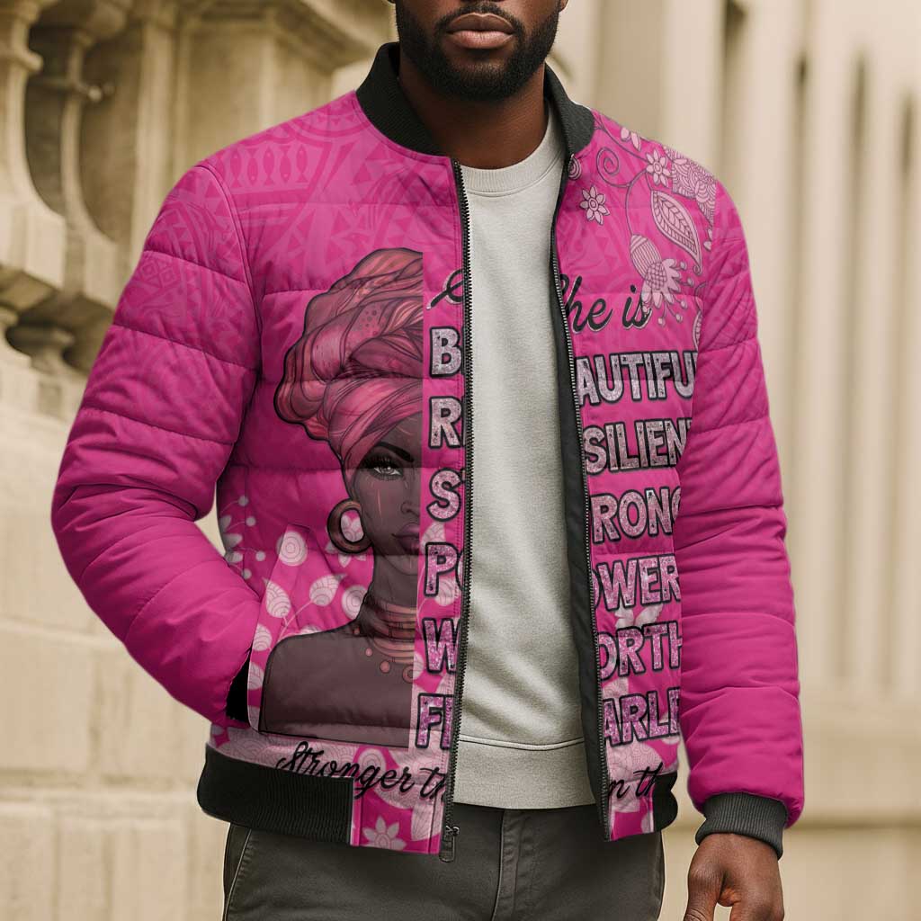 African Women Bomber Puffer Jacket Black Beautiful Brave and Bressed - Pink Color