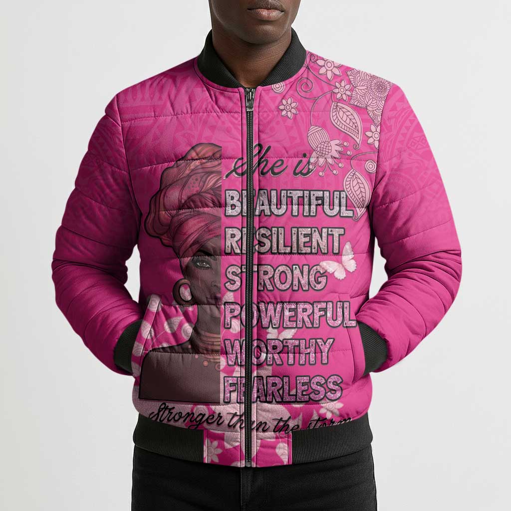 African Women Bomber Puffer Jacket Black Beautiful Brave and Bressed - Pink Color