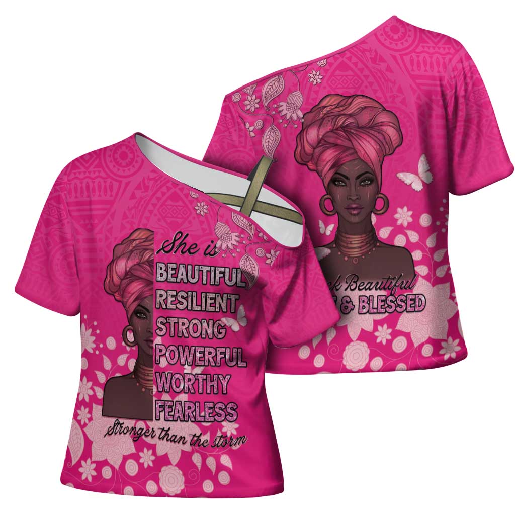 African Women Cross Shoulder Shirt Black Beautiful Brave and Bressed - Pink Color