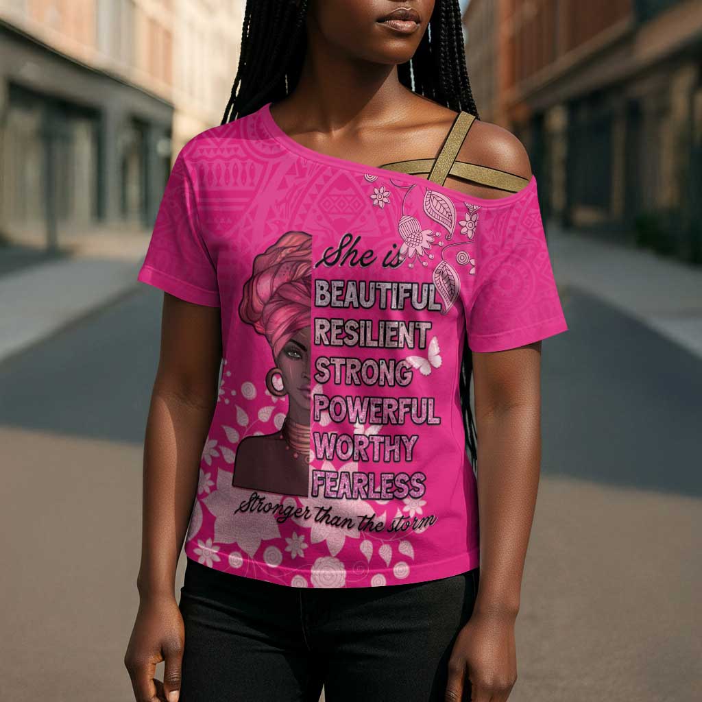 African Women Cross Shoulder Shirt Black Beautiful Brave and Bressed - Pink Color