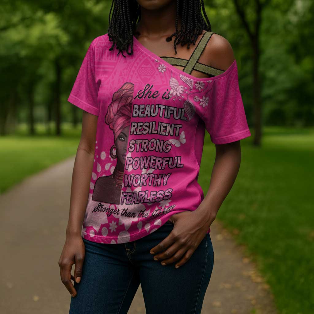 African Women Cross Shoulder Shirt Black Beautiful Brave and Bressed - Pink Color