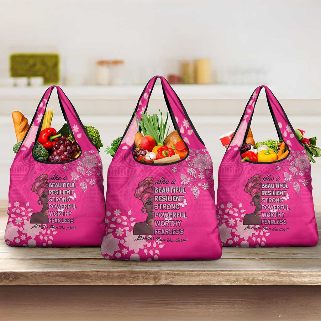 African Women Black Beautiful Brave and Bressed - Pink Color Grocery Bag - African Pride