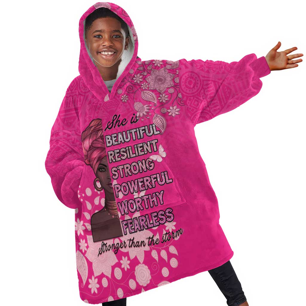 African Women Black Beautiful Brave and Bressed - Pink Color Kid Wearable Blanket Hoodie - African Pride