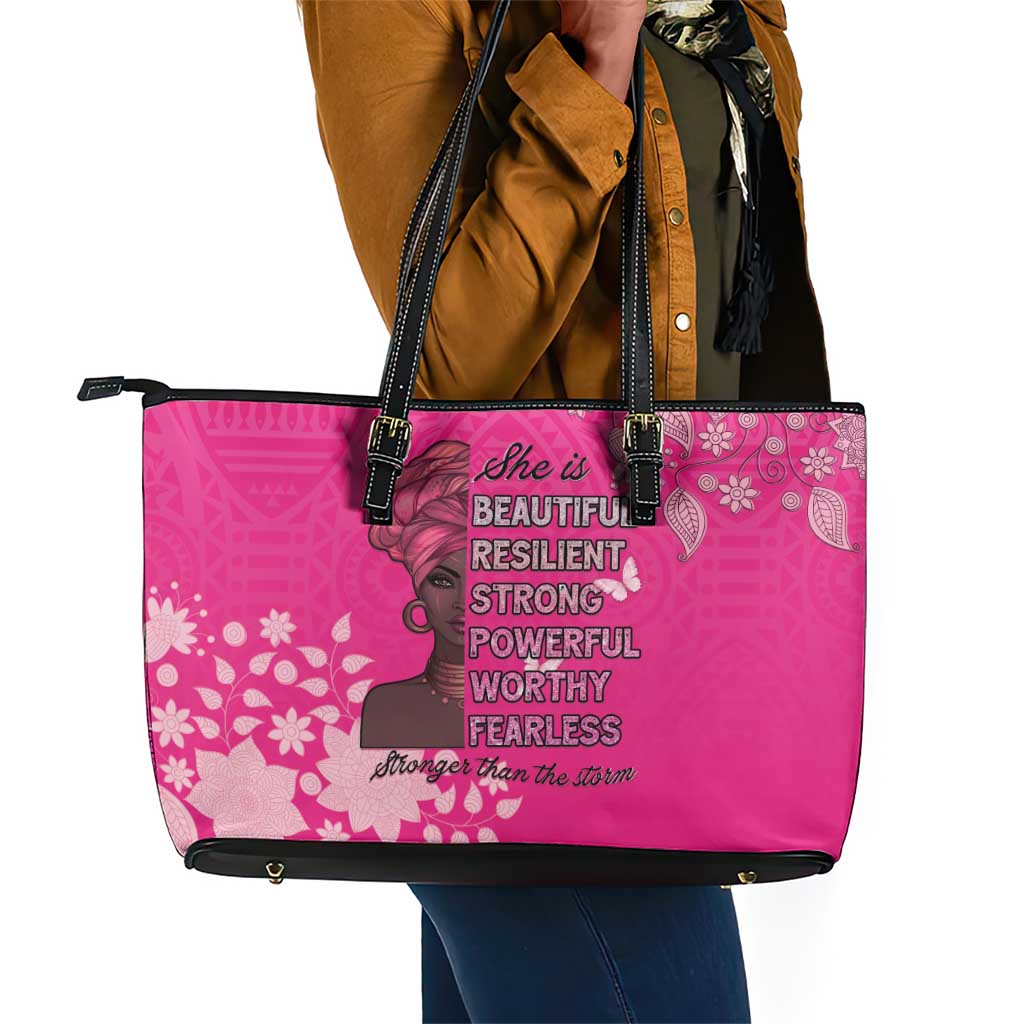 African Women Black Beautiful Brave and Bressed - Pink Color Leather Tote Bag - African Pride
