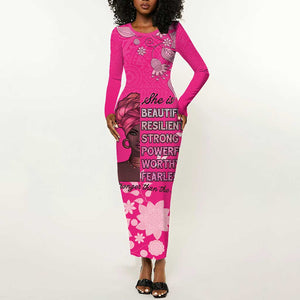 African Women Black Beautiful Brave and Bressed - Pink Color Long Sleeve Bodycon Dress - African Pride