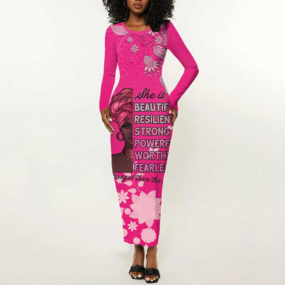 African Women Black Beautiful Brave and Bressed - Pink Color Long Sleeve Bodycon Dress - African Pride