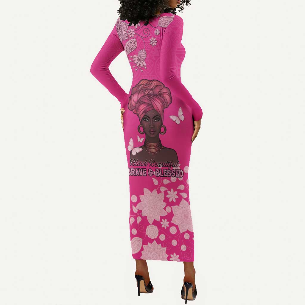 African Women Black Beautiful Brave and Bressed - Pink Color Long Sleeve Bodycon Dress - African Pride