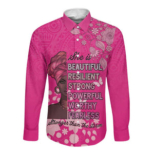 African Women Black Beautiful Brave and Bressed - Pink Color Long Sleeve Button Shirt - African Pride