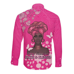 African Women Black Beautiful Brave and Bressed - Pink Color Long Sleeve Button Shirt - African Pride