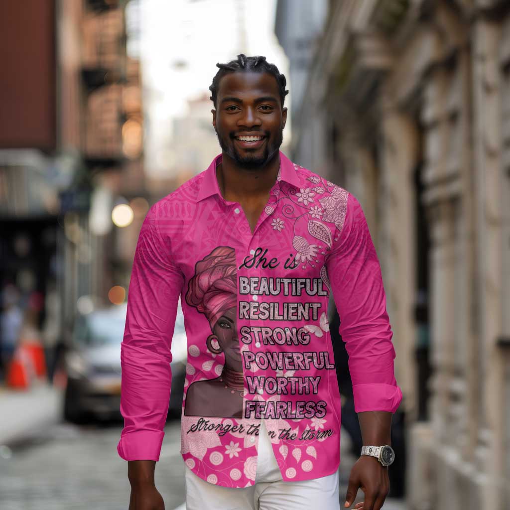 African Women Black Beautiful Brave and Bressed - Pink Color Long Sleeve Button Shirt - African Pride