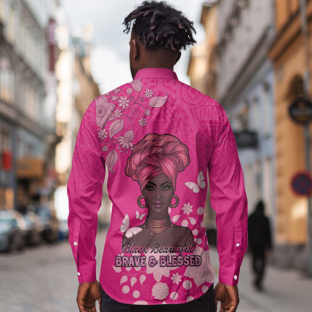 African Women Black Beautiful Brave and Bressed - Pink Color Long Sleeve Button Shirt - African Pride