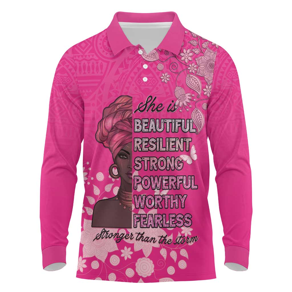 African Women Black Beautiful Brave and Bressed - Pink Color Long Sleeve Polo Shirt - African Pride