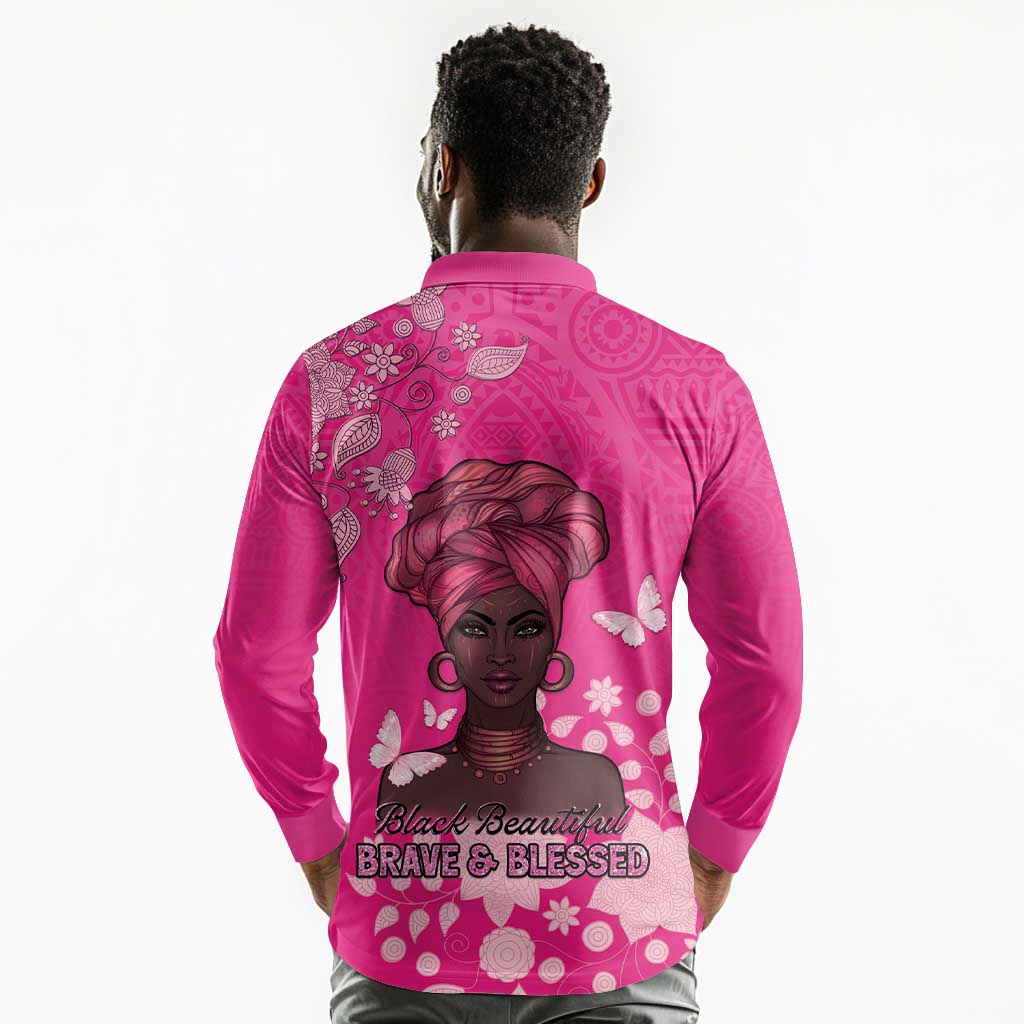 African Women Black Beautiful Brave and Bressed - Pink Color Long Sleeve Polo Shirt - African Pride
