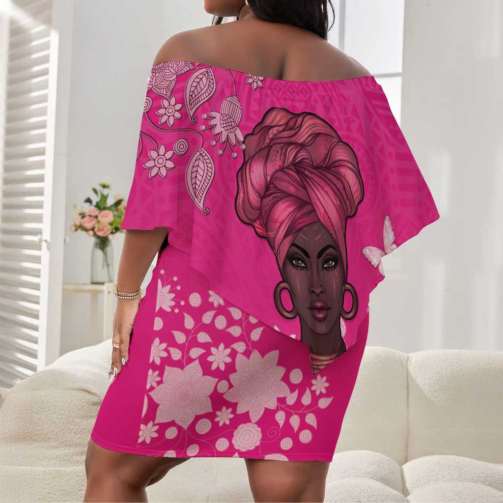 African Women Black Beautiful Brave and Bressed - Pink Color Off Shoulder Short Dress - African Pride