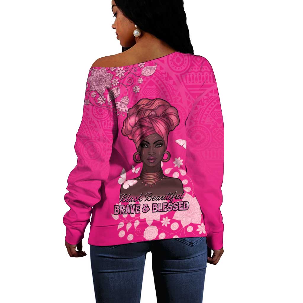 African Women Black Beautiful Brave and Bressed - Pink Color Off Shoulder Sweater - African Pride