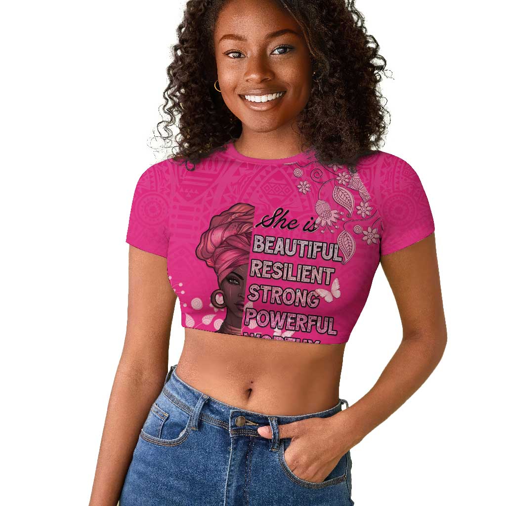 African Women Black Beautiful Brave and Bressed - Pink Color Raglan Cropped T shirt - African Pride