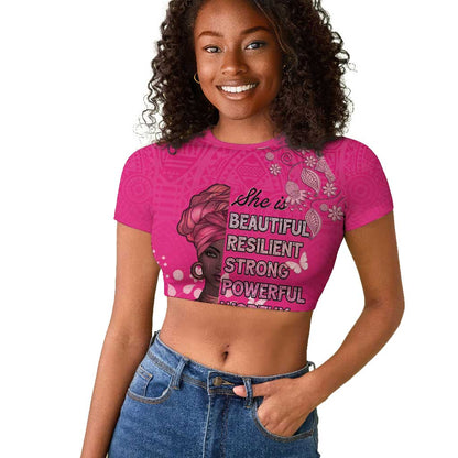 African Women Black Beautiful Brave and Bressed - Pink Color Raglan Cropped T shirt - African Pride