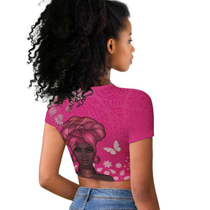 African Women Black Beautiful Brave and Bressed - Pink Color Raglan Cropped T shirt - African Pride