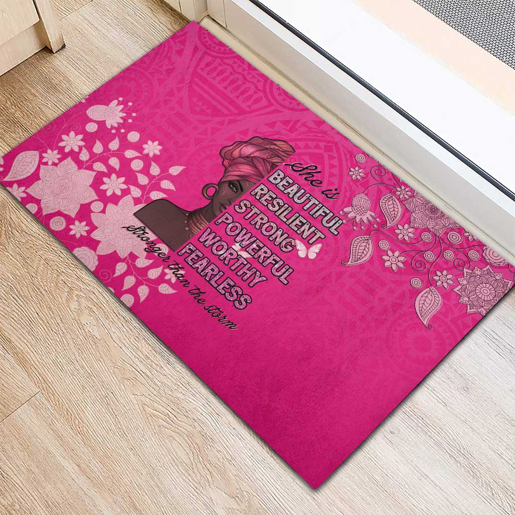 African Women Black Beautiful Brave and Bressed - Pink Color Rubber Doormat - African Pride