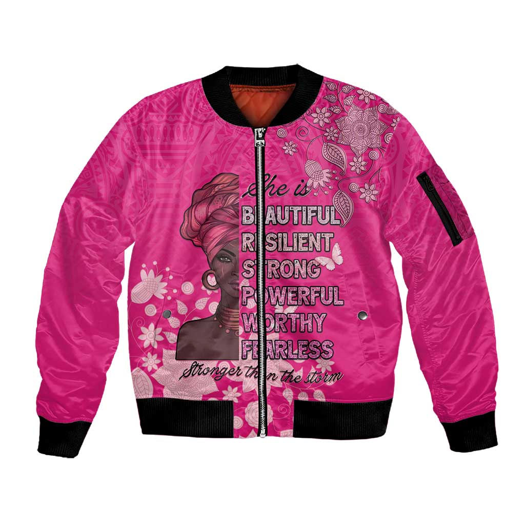 African Women Black Beautiful Brave and Bressed - Pink Color Sleeve Zip Bomber Jacket - African Pride