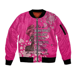 African Women Black Beautiful Brave and Bressed - Pink Color Sleeve Zip Bomber Jacket - African Pride