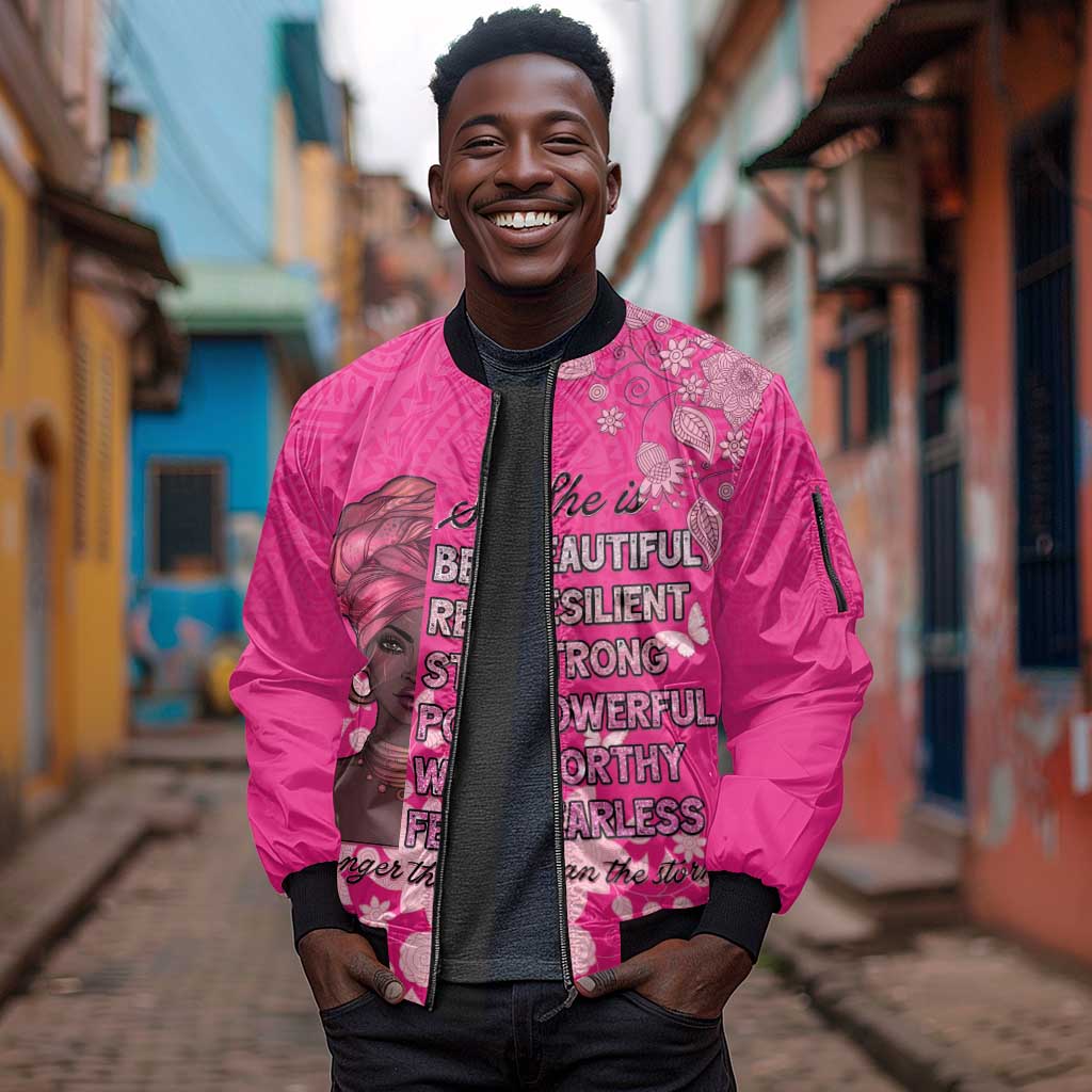 African Women Black Beautiful Brave and Bressed - Pink Color Sleeve Zip Bomber Jacket - African Pride