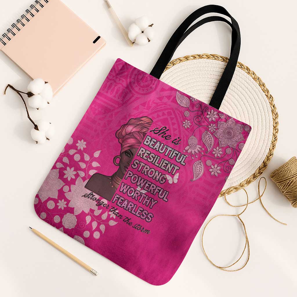 African Women Tote Bag Black Beautiful Brave and Bressed - Pink Color