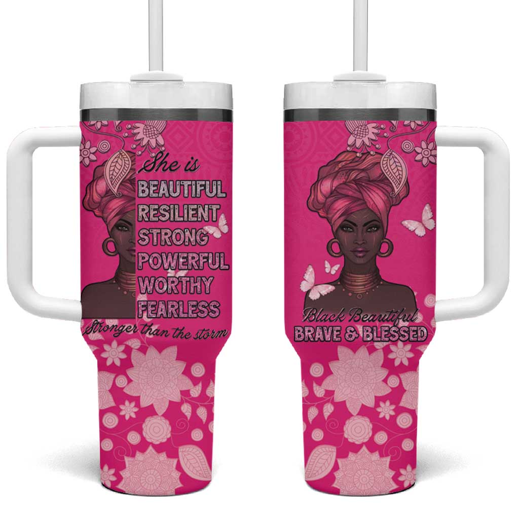 African Women Black Beautiful Brave and Bressed - Pink Color Tumbler With Handle - African Pride