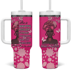 African Women Black Beautiful Brave and Bressed - Pink Color Tumbler With Handle - African Pride