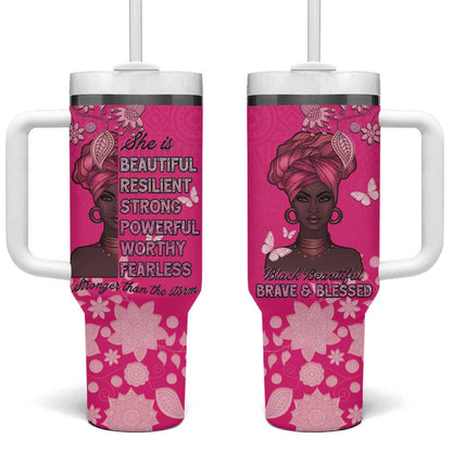 African Women Black Beautiful Brave and Bressed - Pink Color Tumbler With Handle - African Pride