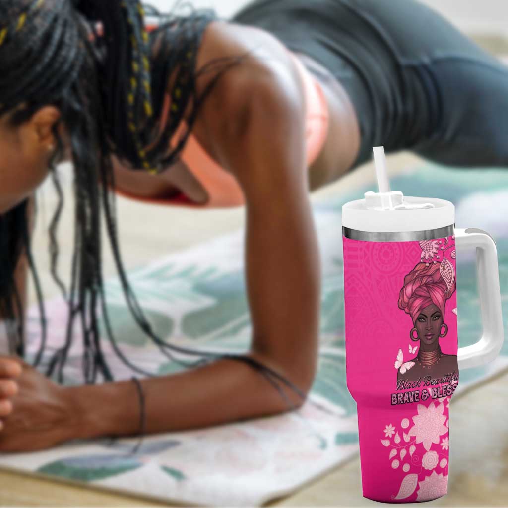 African Women Black Beautiful Brave and Bressed - Pink Color Tumbler With Handle - African Pride