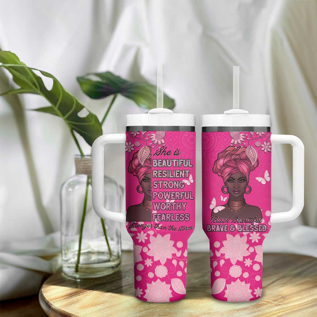 African Women Black Beautiful Brave and Bressed - Pink Color Tumbler With Handle - African Pride