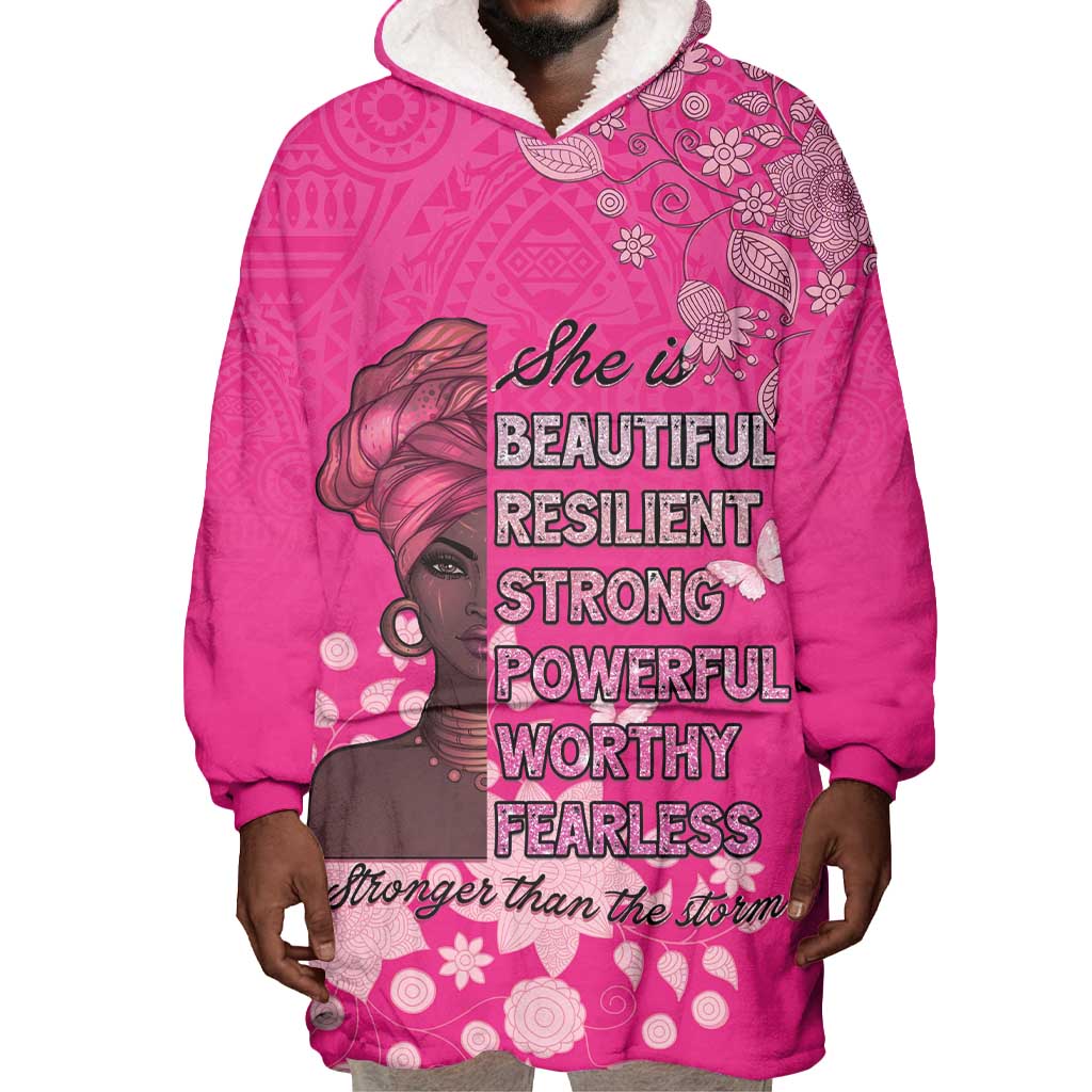 African Women Black Beautiful Brave and Bressed - Pink Color Wearable Blanket Hoodie - African Pride