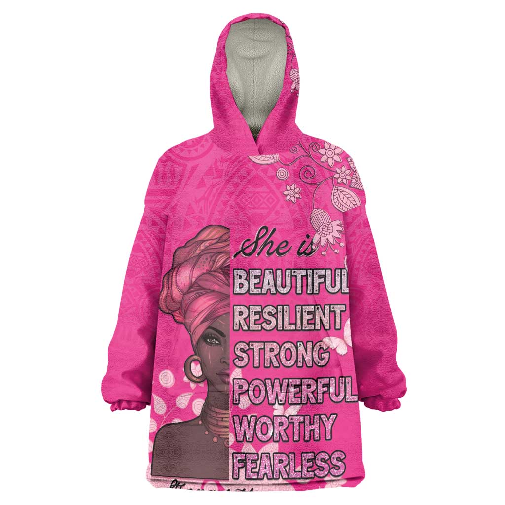 African Women Black Beautiful Brave and Bressed - Pink Color Wearable Blanket Hoodie - African Pride