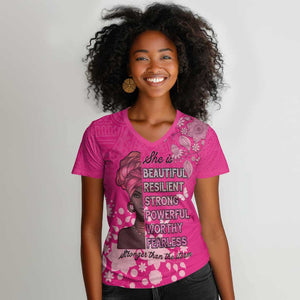 African Women Black Beautiful Brave and Bressed - Pink Color Women V-Neck T-Shirt - African Pride