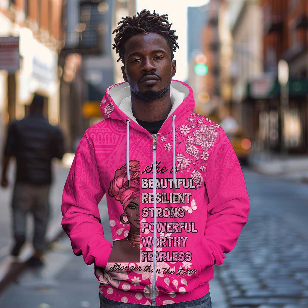 African Women Black Beautiful Brave and Bressed - Pink Color Zip Hoodie - African Pride
