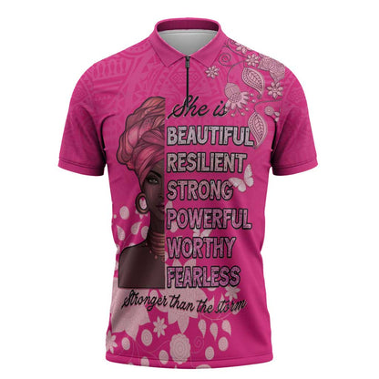 African Women Zipper Polo Shirt Black Beautiful Brave and Bressed - Pink Color